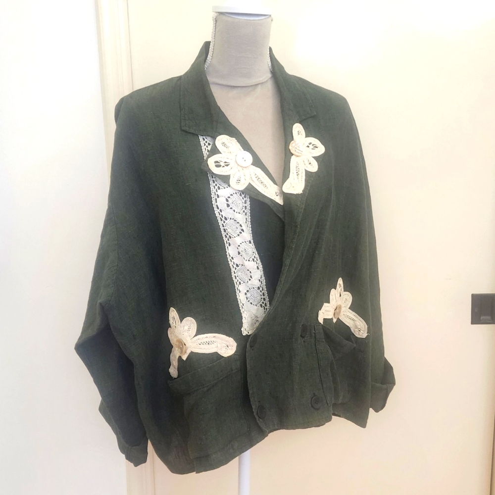Vintage Flax Forest Green Linen Boxy Jacket Size Large